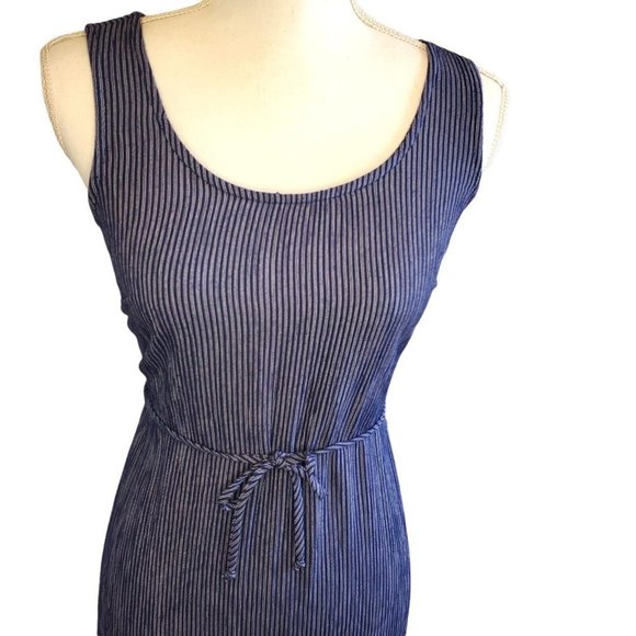 Vintage 90s Blue Maxi Dress Sleeveless Pinafore Side Slit tie Waist Pinstripe - Picture 2 of 9